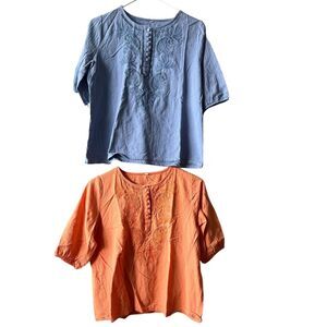 Womens Linen Button Short Sleeve Boho Top Sz Small Set of 2 Blouse Embroidered